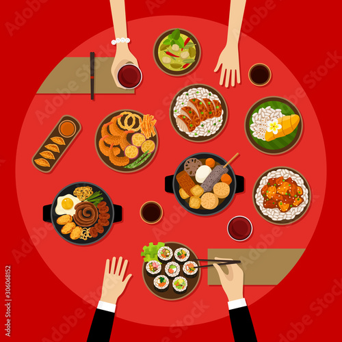 Asian cuisine dinner table top view