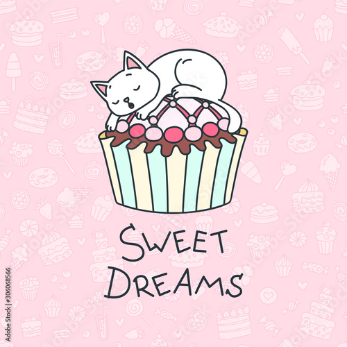 Sweet dreams. Cute illustration of a little white kitten sleeping on a cupcake on a pink backgound of sweets. Vector 8 EPS.
