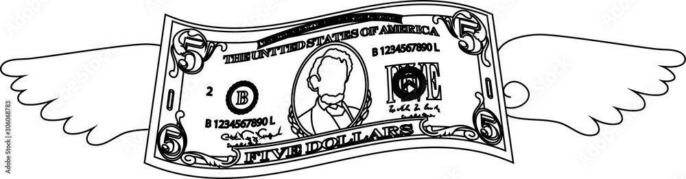 Feathered Deformed 5 dollars note outline Stock Vector | Adobe Stock