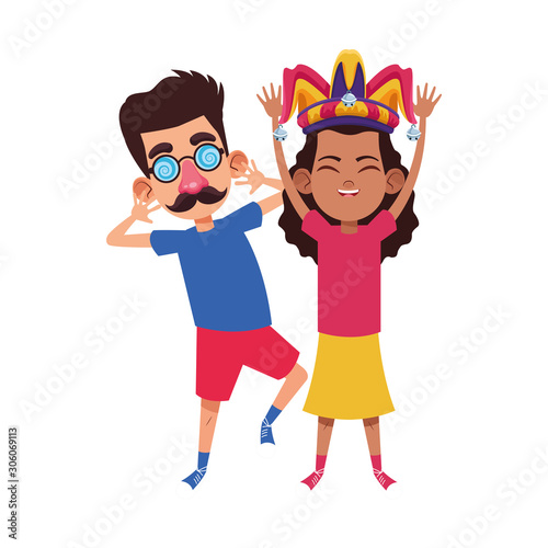 cartoon girl with jester hat and boy with crazy glasses icon