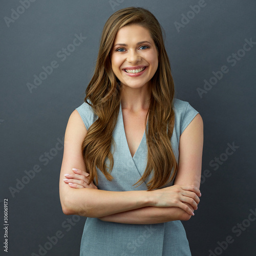 isolated portrait of happy smiling woman in office dress.
