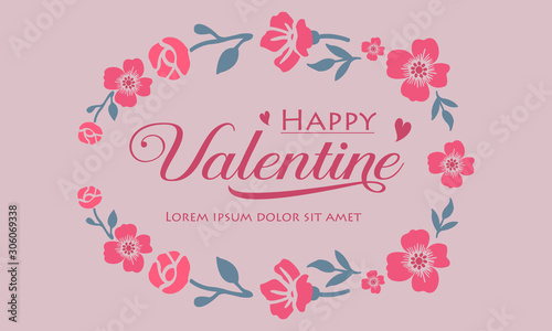 Lettering design of happy valentine, with texture wallpaper of leaf flower frame. Vector