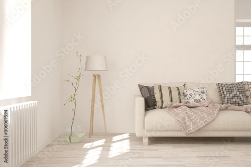 Stylish room in white color with sofa, lamp and vase with flower. Scandinavian interior design. 3D illustration