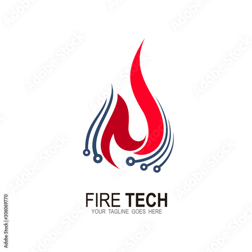 Fire logo and  technology design, Flame logo with technology design combination