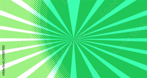 Vintage colorful comic book background. Green blank bubbles of different shapes. Rays, radial, halftone, dotted effects. For sale banner for your designe 1960s. Copy space vector eps10.