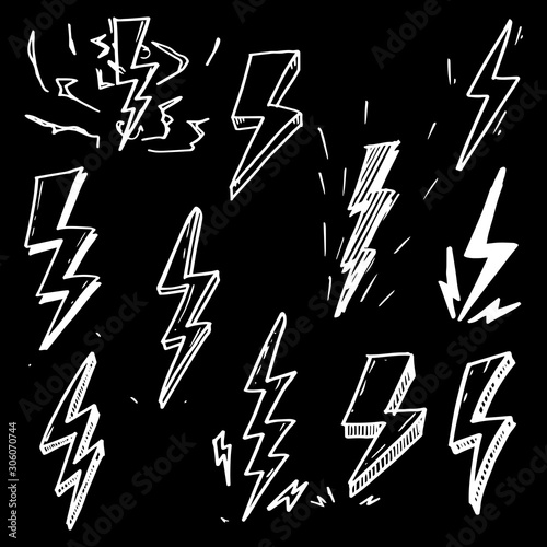 set of hand drawn vector doodle electric lightning bolt symbol sketch illustrations. thunder symbol doodle icon .