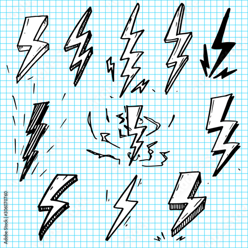 set of hand drawn vector doodle electric lightning bolt symbol sketch illustrations. thunder symbol doodle icon .