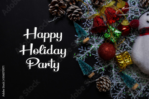 Happy Holiday Party text isolated on black backgroud. Frame of Christmas Decoration.