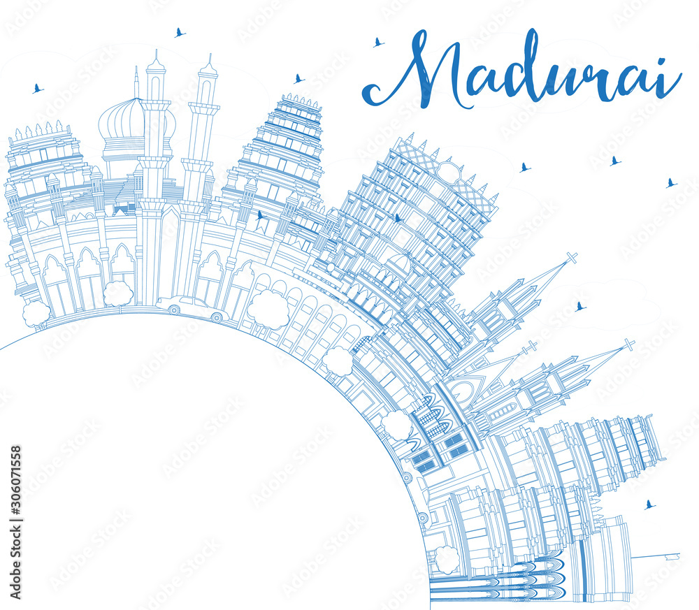 Outline Madurai India City Skyline with Blue Buildings and Copy Space. Outline Madurai India City Skyline with Blue Buildings and Copy Space.