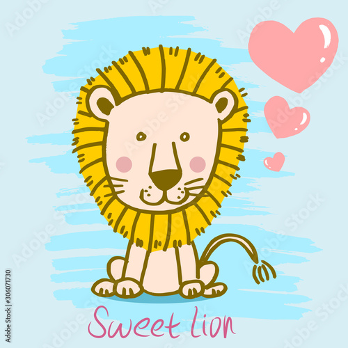 Sweet cartoon lion illustration hand drawn.