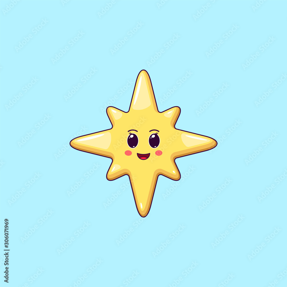 Cartoon Kawaii Golden Star with Cheerful Face. Cute Christmas and New Year Star with 8 Rays Cartoon Kawaii Golden Star with Cheerful Face. Cute Christmas and New Year Star with 8 Rays