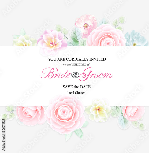 Set of card with camellia flowers, leaves. Wedding ornament concept. Floral poster, invite. Decorative greeting card or invitation design background