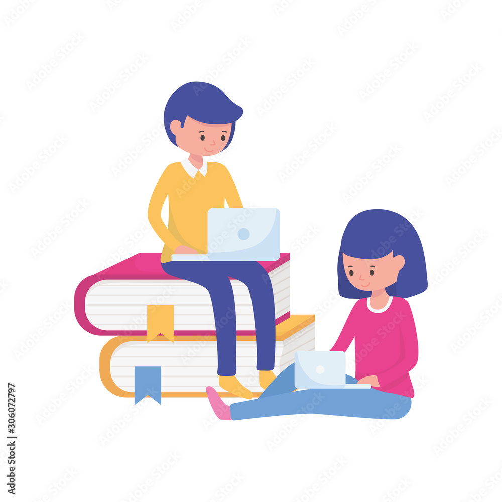 young man woman student with laptop and books learning online young man woman student with laptop and books learning online