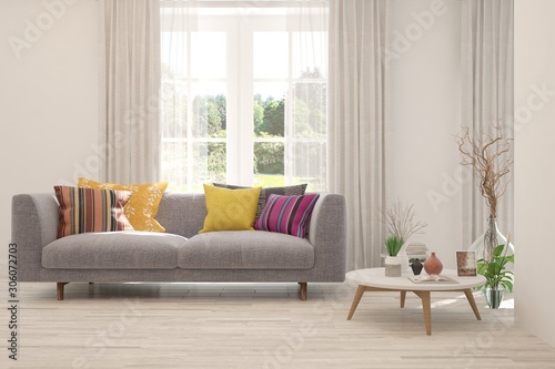 Stylish room in white color with colorful sofa. Scandinavian interior design. Architecture background. 3D illustration