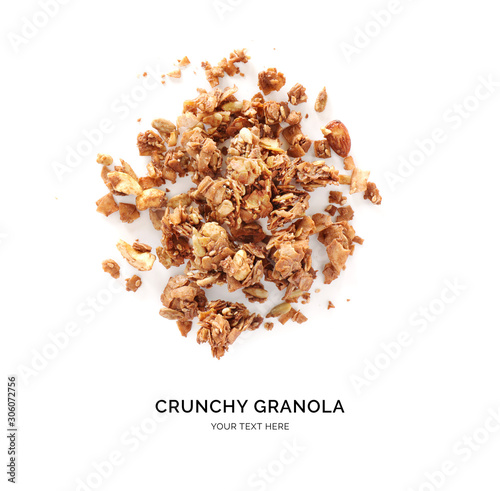 Creative layout made of chocolate granola isolated on white background.Flat lay. Food concept.
