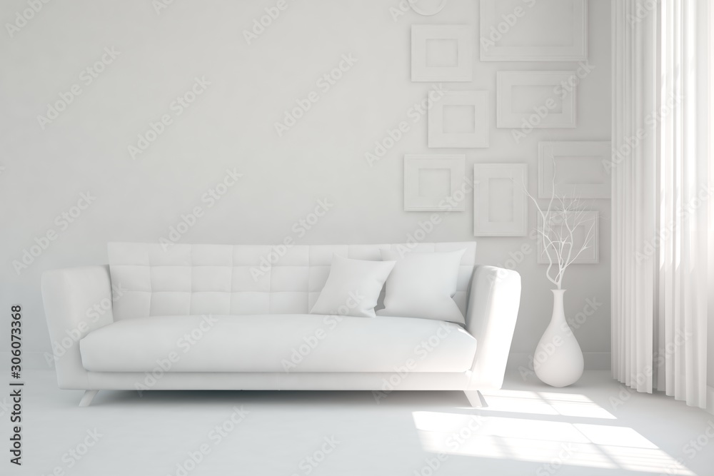 Mock up of stylish room in white color with sofa. Scandinavian interior design. 3D illustration Mock up of stylish room in white color with sofa. Scandinavian interior design. 3D illustration