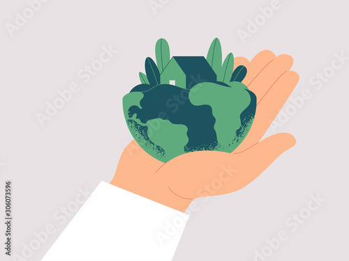 Human hand carefully holds planet Earth. Green house  is among leaves on the males palm. Ecological concept fo save the Earth. Vector illustration isolated from background