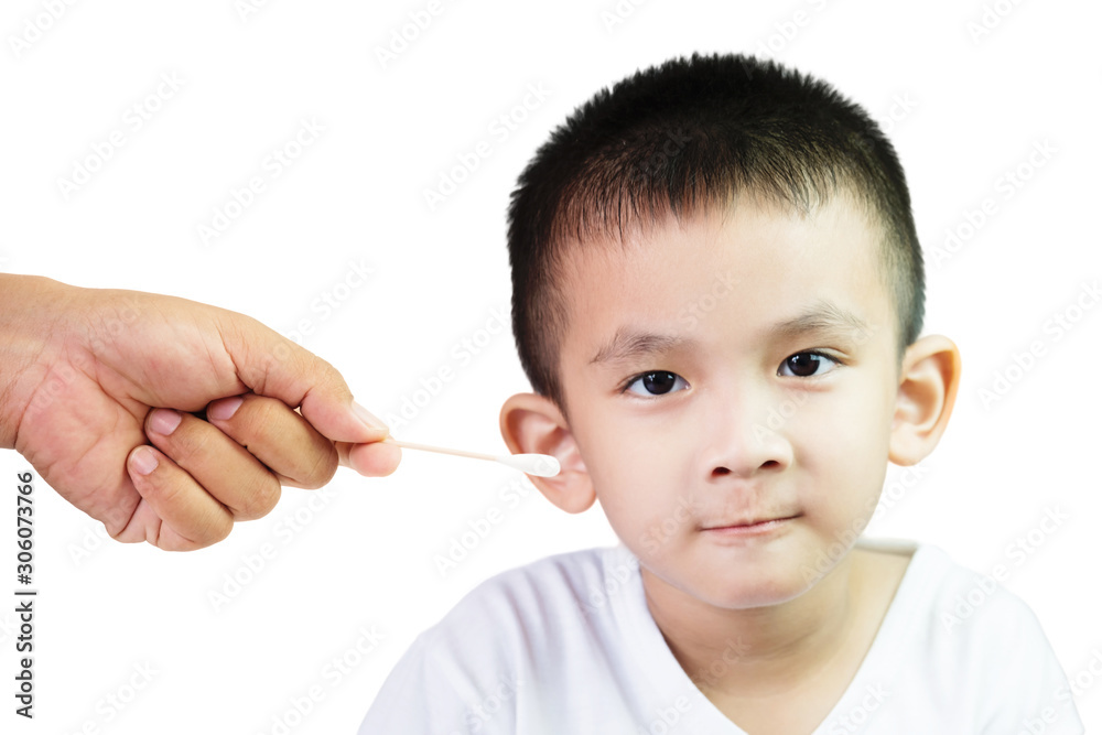 Father holding cotton swab to clean the ears child boy Father holding cotton swab to clean the ears child boy