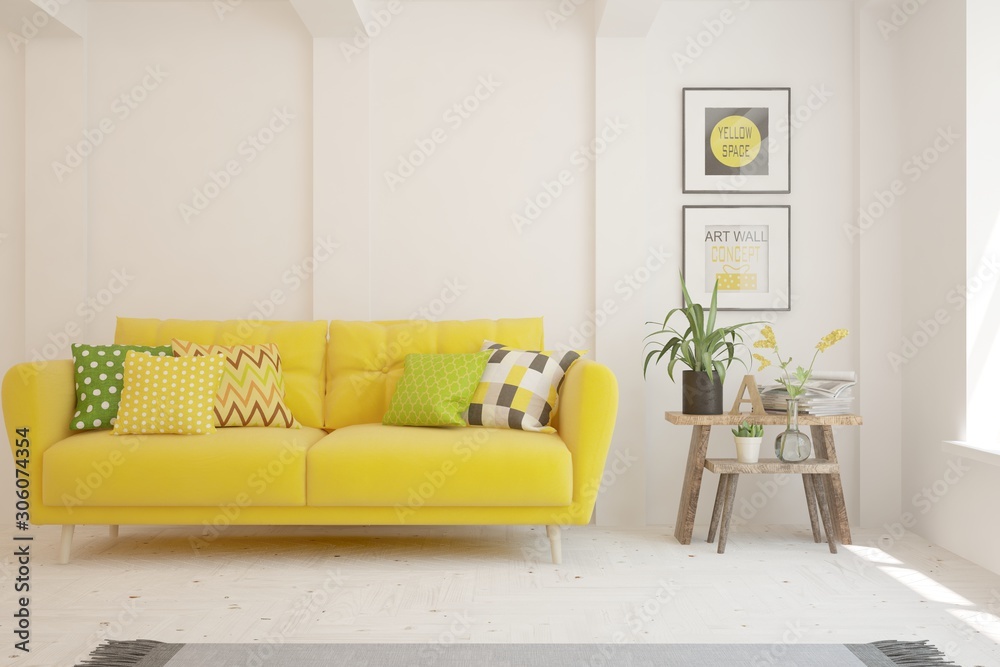 Obraz premium Stylish room in white color with yellow sofa. Scandinavian interior design. 3D illustration