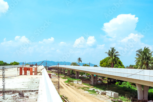 Unfinished of construction of the large concrete bridge of the motorway elevation for the development of travel from Thailand to Dawei in Myanmar.