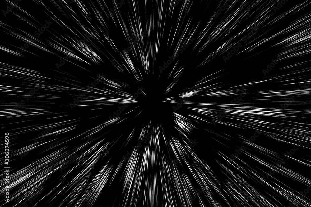 Obraz premium Bokeh white lines on black background, abstraction, abstract speed light motion blur texture, star particle or space traveling, black and white extrusion effect
