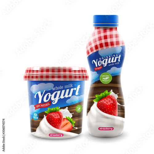 Whole milk organic yogurt or cream bottle and pot vector packaging design with strawberry berries, commercial vector meal advertising branding ready mock-up realistic illustration