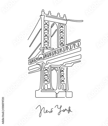 New York, Manhattan bridge. Continuous line vector illustration.