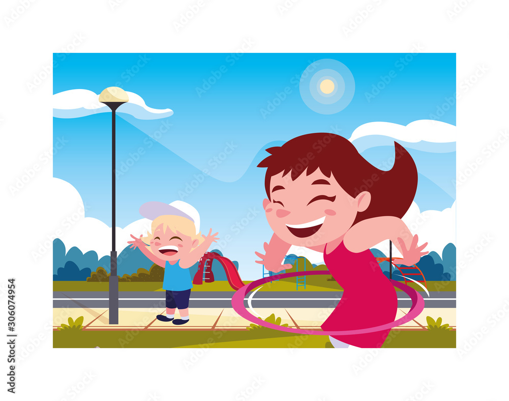 Fototapeta premium children smiling and playing with hula hoop