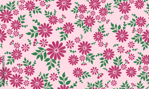 Seamless vintage bright magenta floral pattern background.