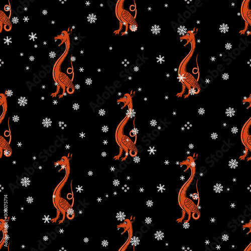 Seamless winter pattern with medieval dragons and snowflakes.