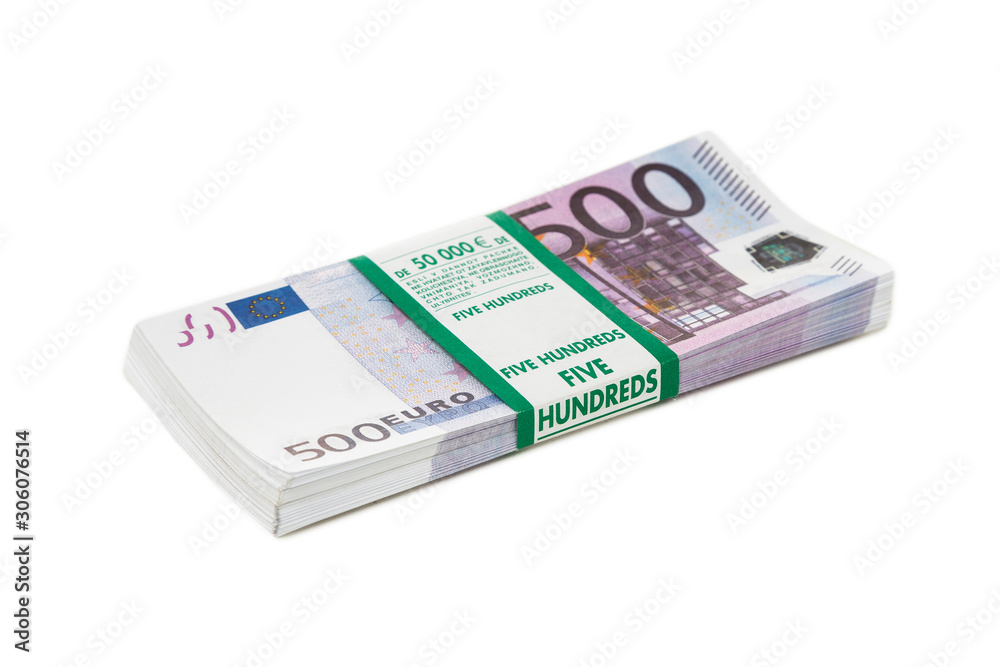 Euro cash in bundles of five hundred banknotes, Euro money Euro on white background, isolated on white background Euro cash in bundles of five hundred banknotes, Euro money Euro on white background, isolated on white background