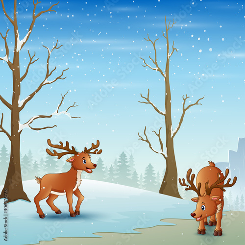Cartoon reindeer playing on the snowy forest
