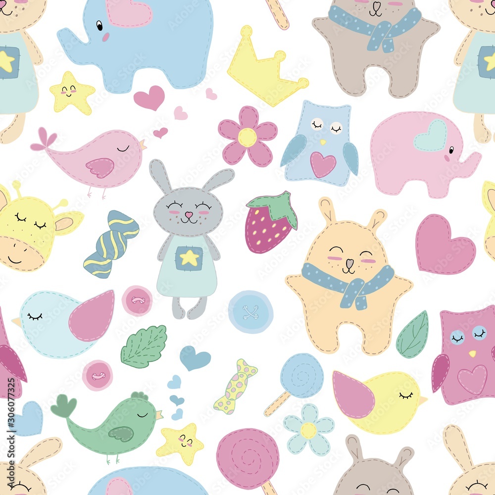 vector seamless pattern, cute animals, toys and sweets for children, without background