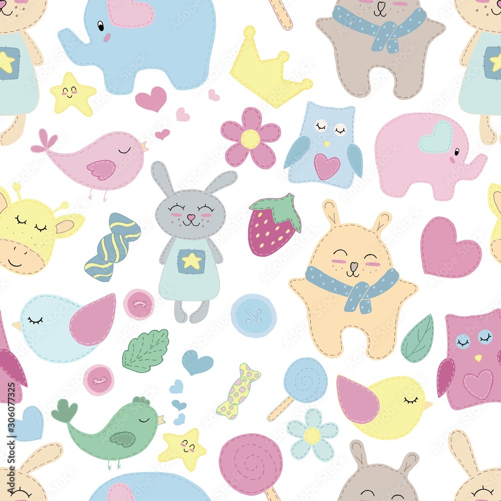 Fototapeta premium vector seamless pattern, cute animals, toys and sweets for children, without background