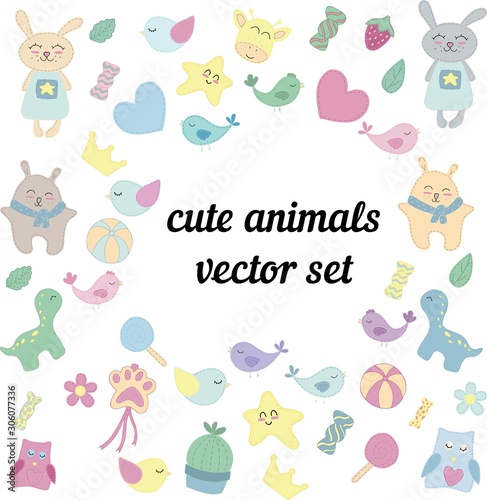 big vector set, cute animals, toys and goodies for children, without background