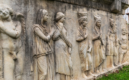 Relief sculptures and structures in the ancient city of Aphrodisias, Karacasu...