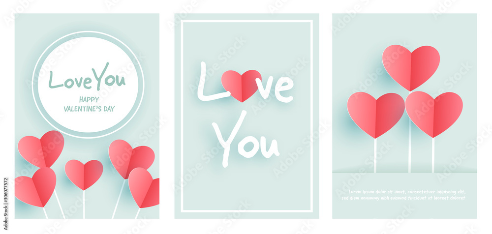 Set of Valentine's day greeting card with hearts in paper cut style .