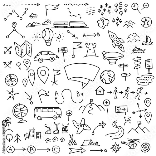 Set of geographic map signs. Hand drawn doodle sketch vector stock black line outline.