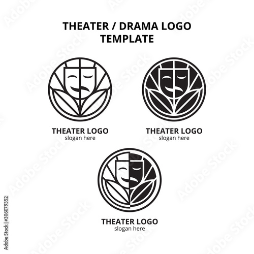 set of theater mask actor with leaf in circle logo template vector icon element