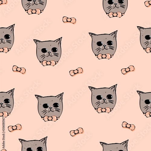Muzzle of cats with bows on a coral background. Seamless pattern.
