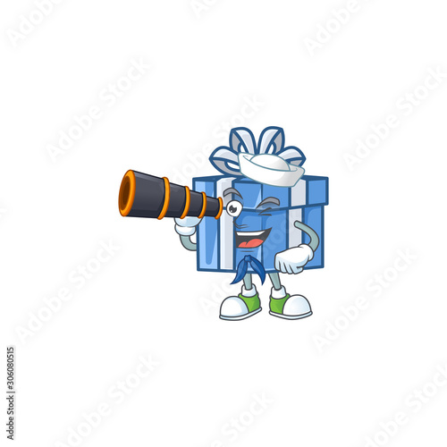 Smiling happy Sailor with binocular blue gift box cartoon design