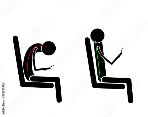 correct and incorrect posture when working with the phone. medical advice. rachiocampsis. vector illustration. EPS 10.