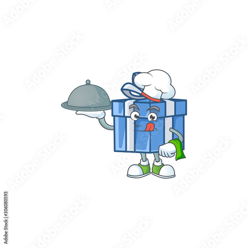 smiling blue gift box as a Chef with food cartoon style design
