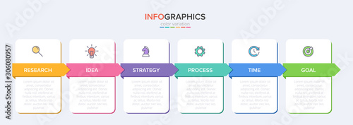 Concept of arrow business model with 6 successive steps. Six colorful graphic elements. Timeline design for brochure, presentation. Infographic design layout