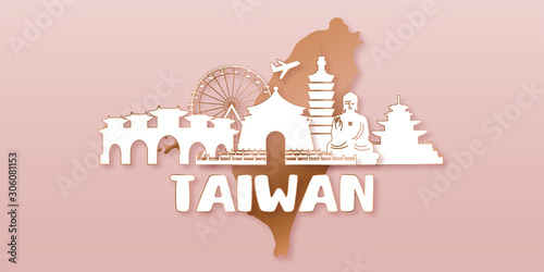 Travel Taiwan postcard, poster, tour advertising of world famous landmarks in paper cut style. Vectors illustrations