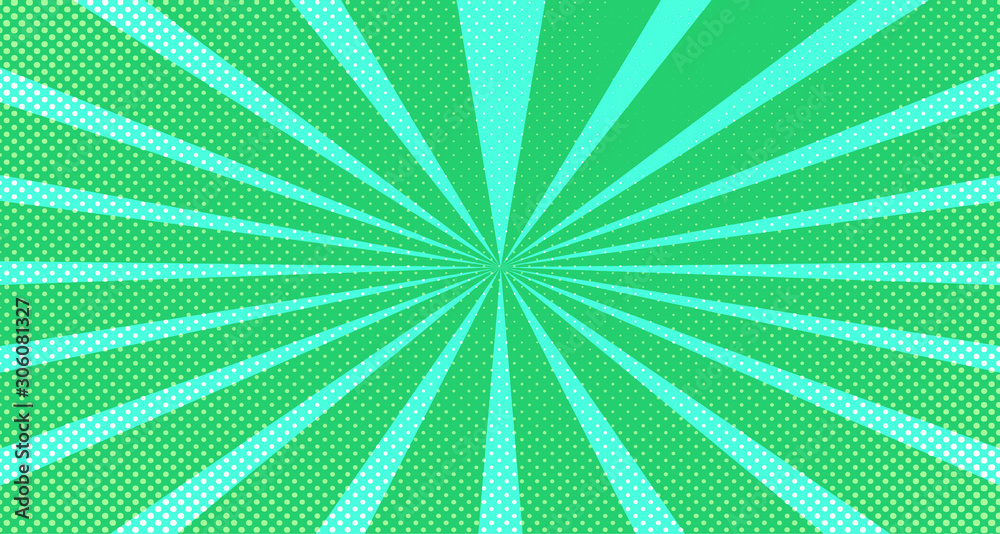 Vintage colorful comic book background. Green blank bubbles of different shapes. Rays, radial, halftone, dotted effects. For sale banner for your designe 1960s. Copy space vector eps10.