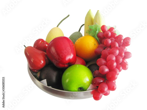 fruits and vegetables on plate isolated on white