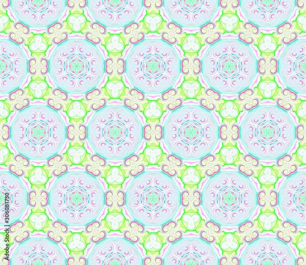 Abstract kaleidoscope symmetric pattern on a light background.