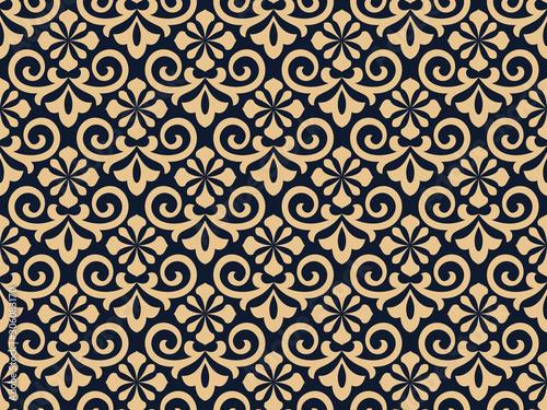 Flower geometric pattern. Seamless vector background. Dark blue and gold ornament. Ornament for fabric, wallpaper, packaging. Decorative print