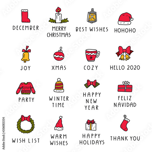 Set of hand drawn simple color icons for merry Christmas and happy new year. Vector illustrations for greeting card, stickers design. 